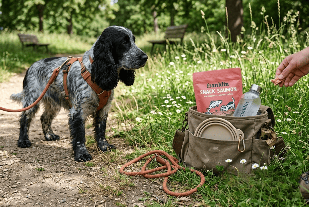 sac de balade été avec snack saumon Franklin et gourde pour chien