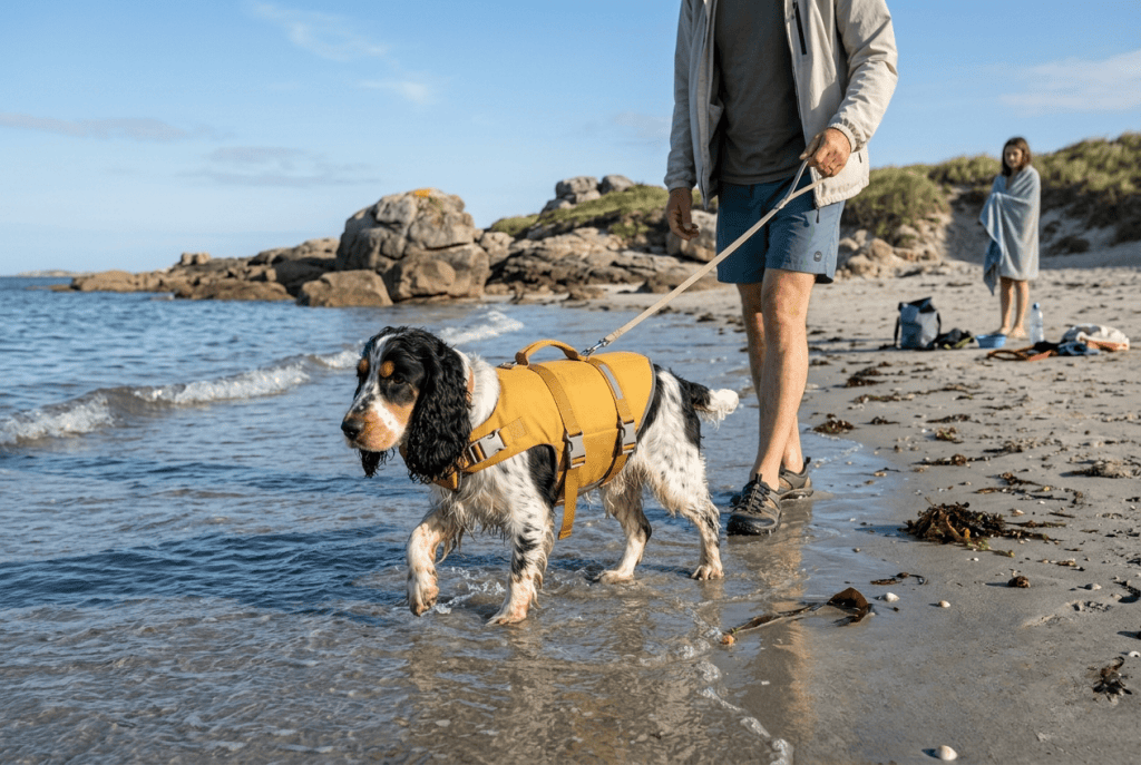 cocker équipé d'un gilet de sauvetage pour la baignade en mer