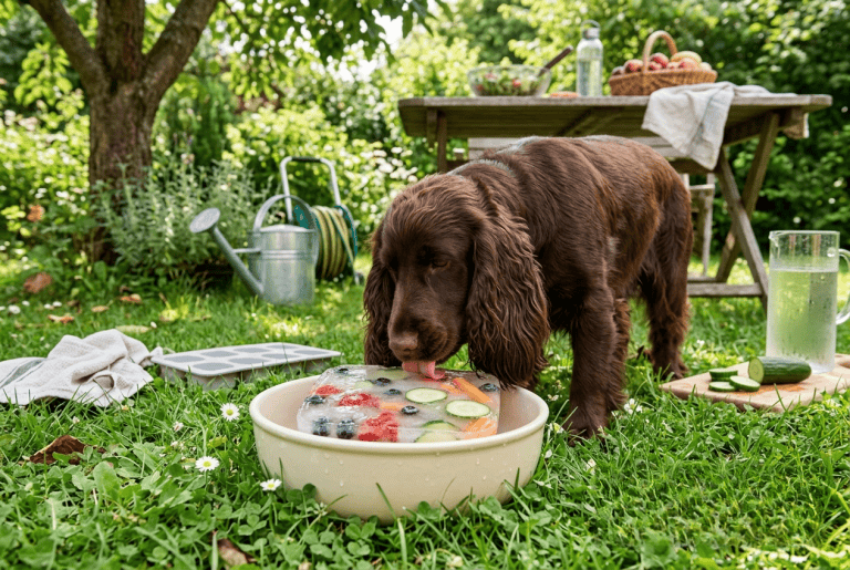 bol glacé chien été - Cocker Spaniel dégustant sa glace maison au jardin