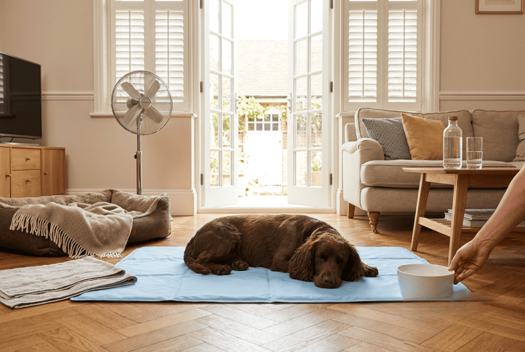 cocker installé sur un tapis rafraîchissant pour limiter le halètement en été