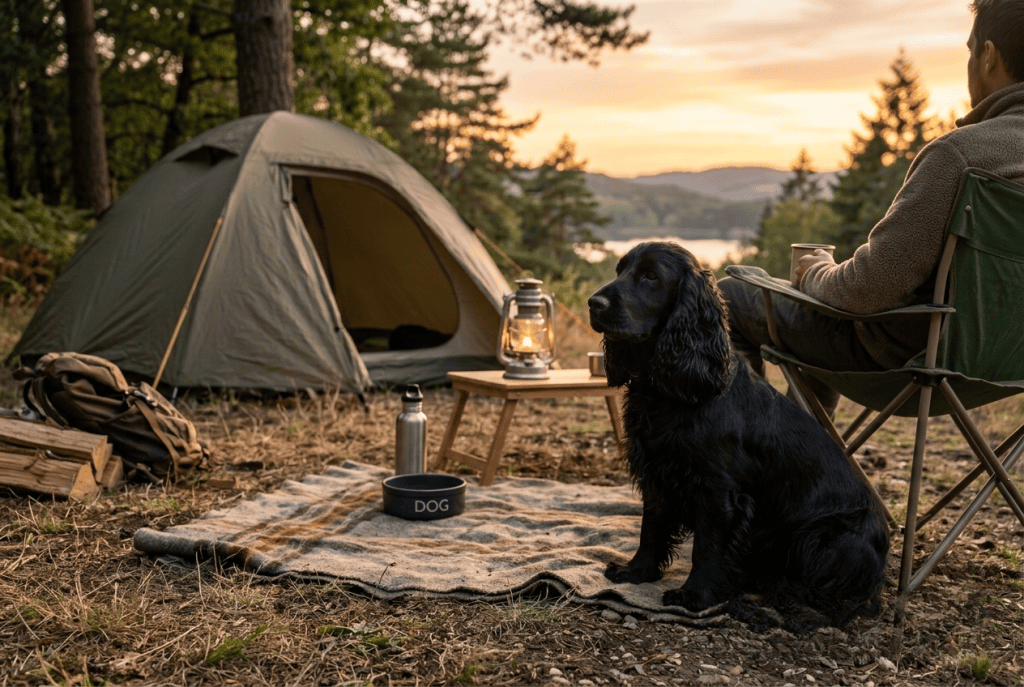 moment de détente en camping avec un chien cocker