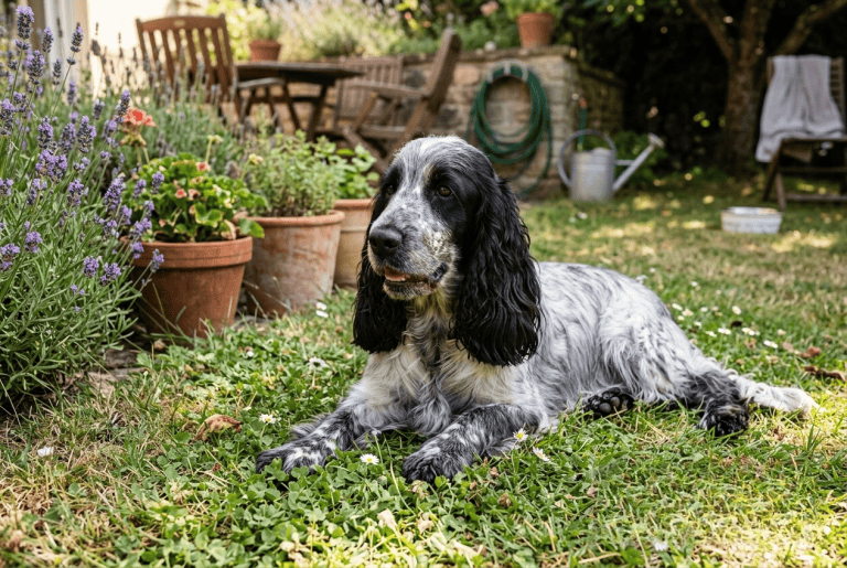 coup de soleil chien cocker allongé au soleil dans un jardin