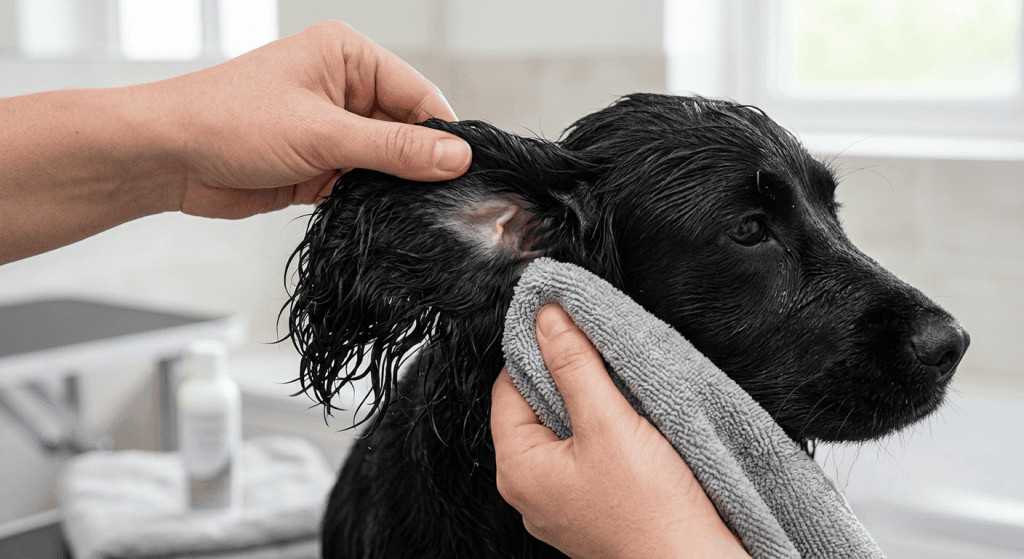 Séchage des oreilles tombantes d'un Cocker après le bain