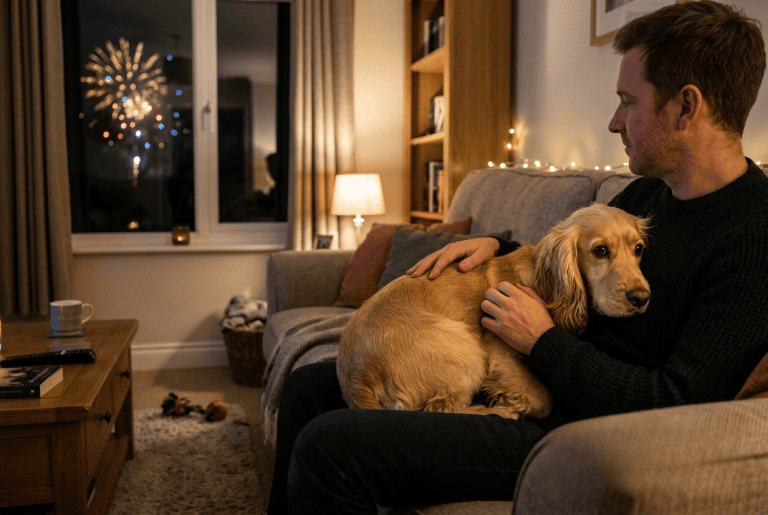 Cocker qui a peur des feux d'artifice réconforté par son maître au salon