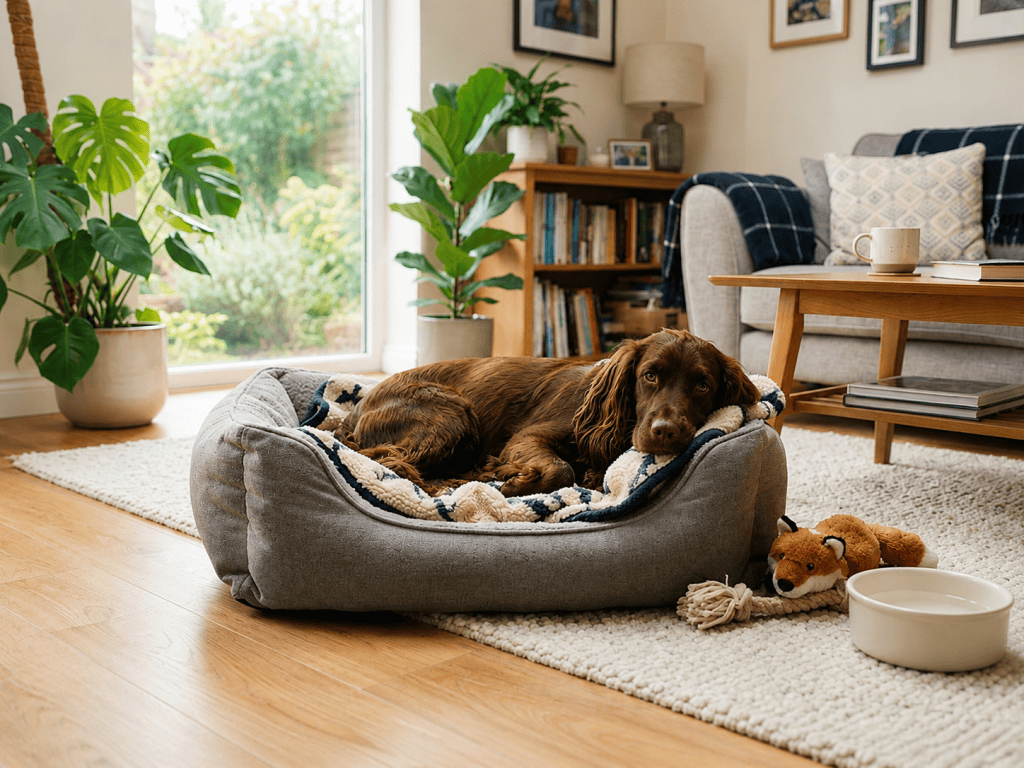 cocker abandonné adopté installé dans son nouveau panier