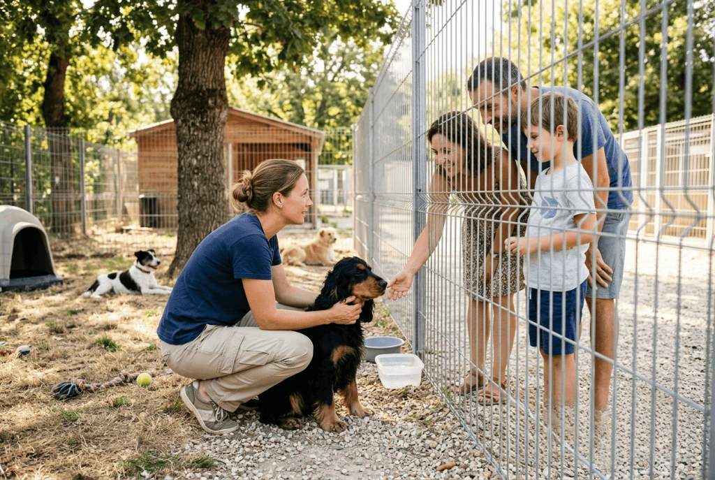 adoption cocker refuge été – bénévole présentant un cocker à une famille adoptante