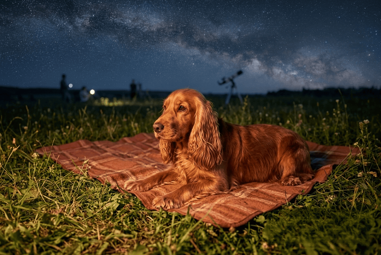 cocker allongé dans l'herbe la nuit sous un ciel étoilé lors des Nuits des étoiles 2026
