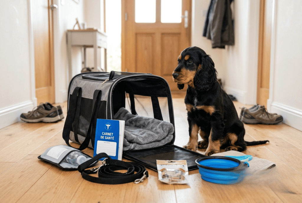 sac de transport chiot Cocker prêt pour le trajet vers le vétérinaire