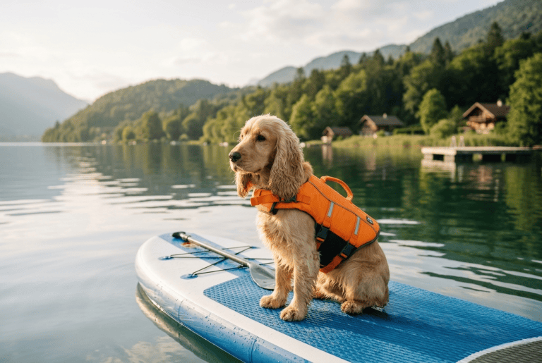 Cocker en gilet de sauvetage sur une planche de stand-up paddle sur un lac calme