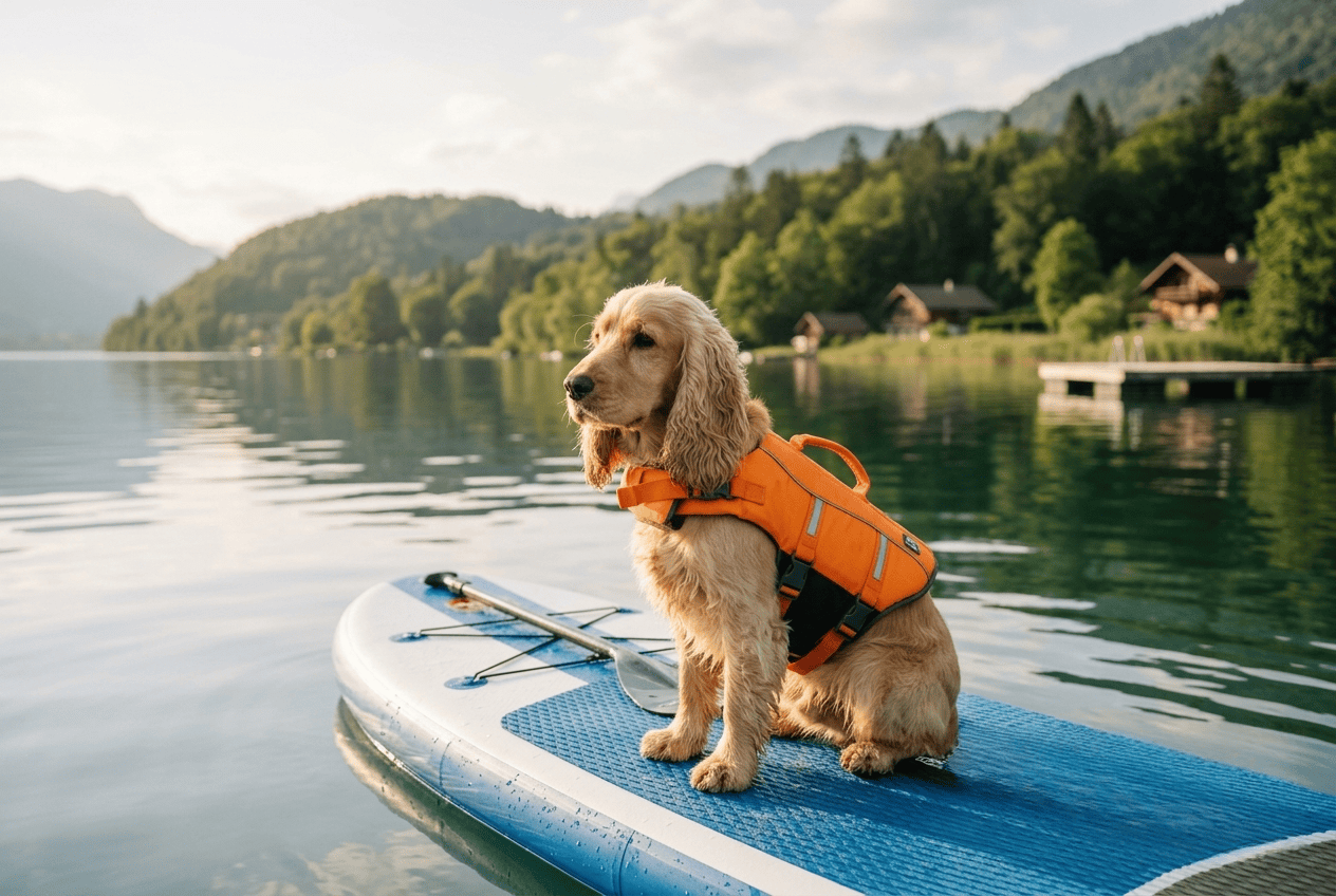 Cocker en gilet de sauvetage sur une planche de stand-up paddle sur un lac calme