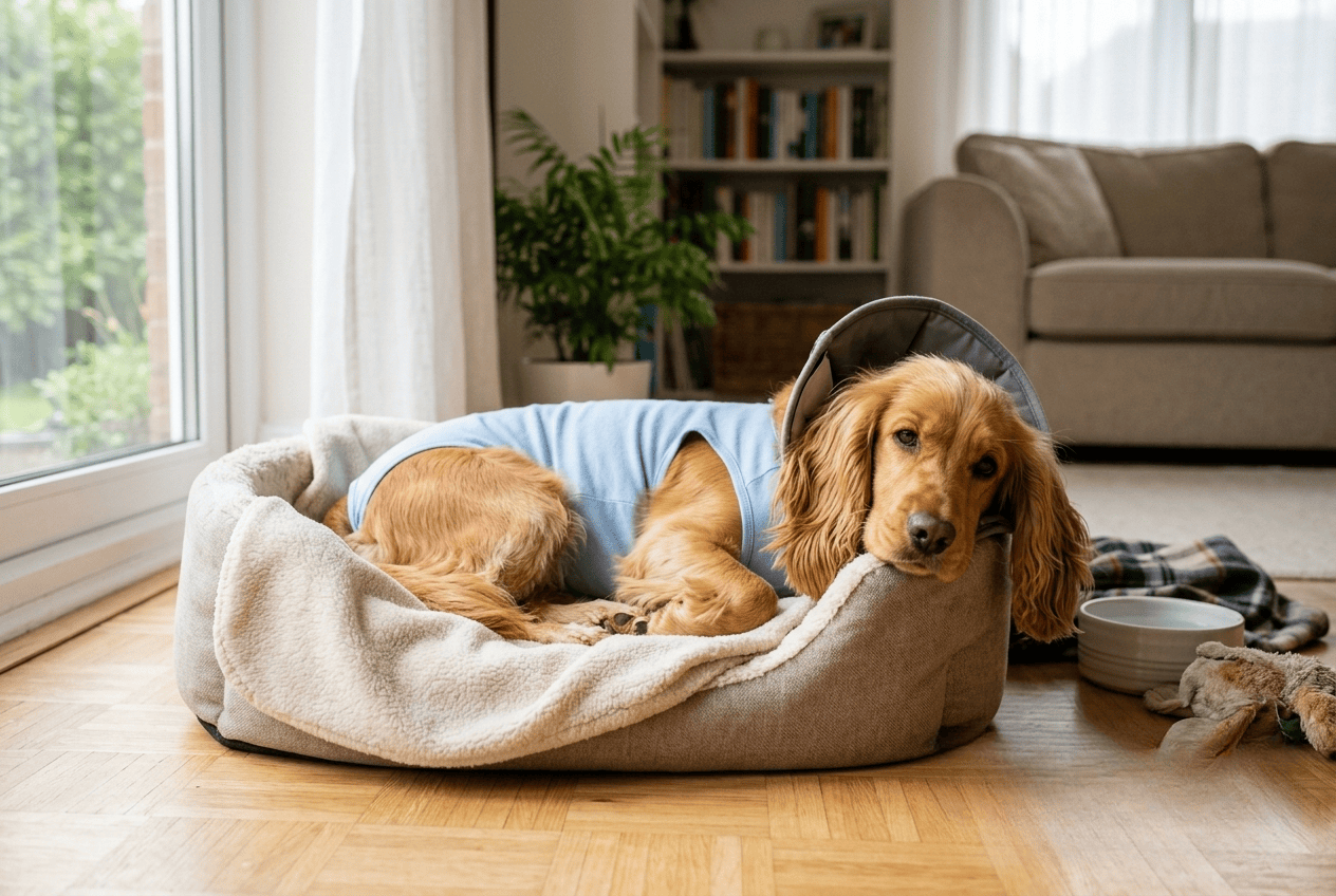 Cocker Spaniel en convalescence après son opération, allongé dans son panier