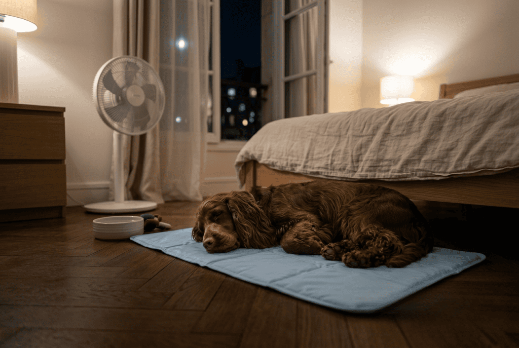 cocker installé sur un tapis rafraîchissant pour mieux dormir en période de chaleur