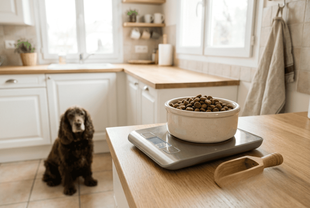 Balance de cuisine pour peser les croquettes senior d'un Cocker