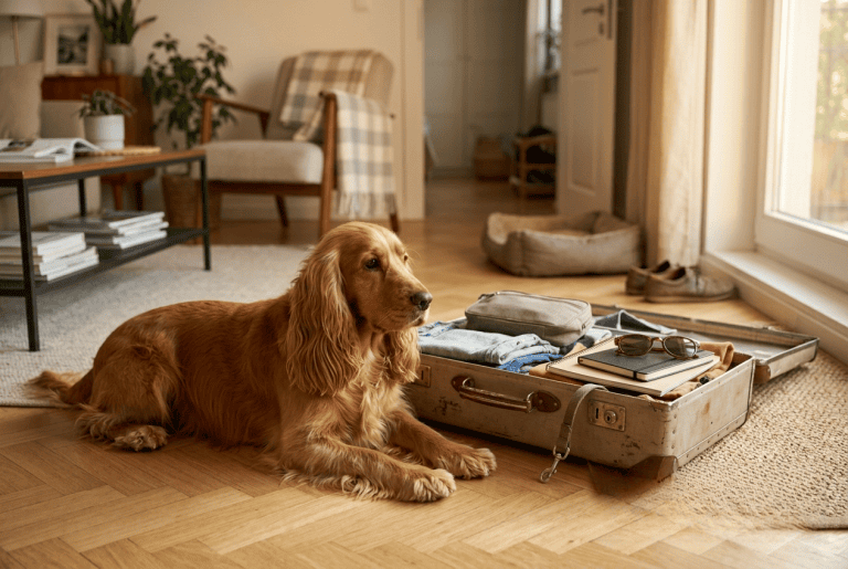 Cocker allongé près d'une valise pendant la rentrée, retour à la routine
