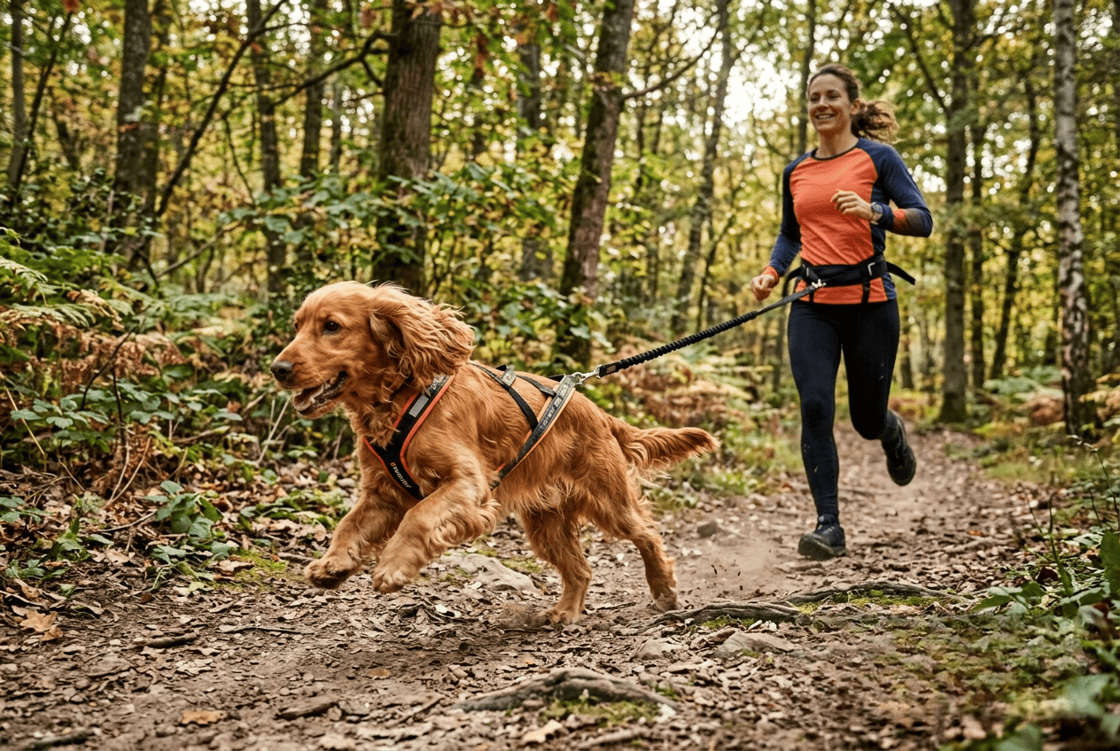 cani-cross cocker sport en pleine course avec son maître