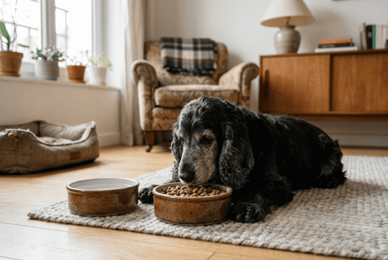 Cocker senior mangeant des croquettes senior adaptées à son âge