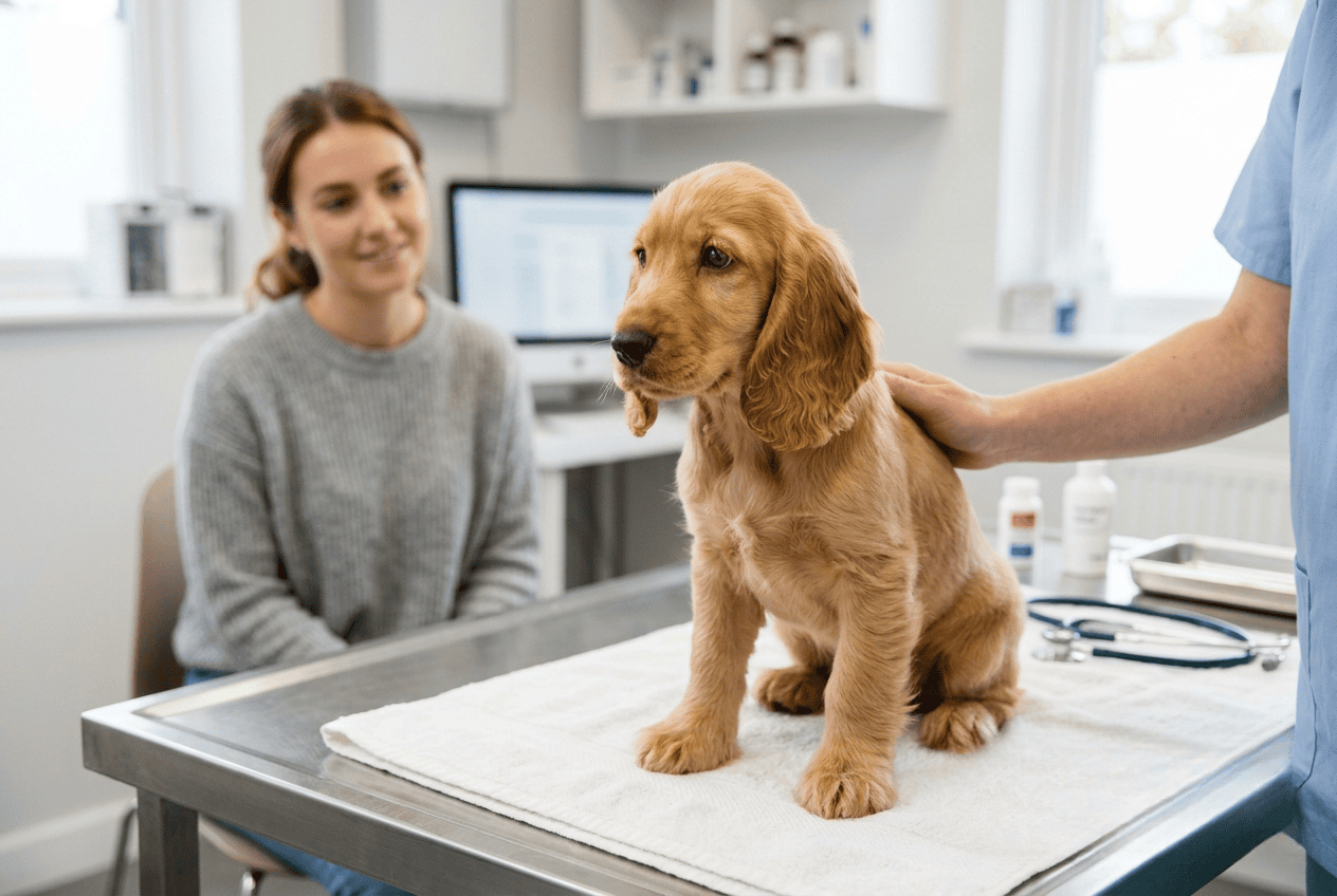 premier vétérinaire chiot cocker sur table d'examen