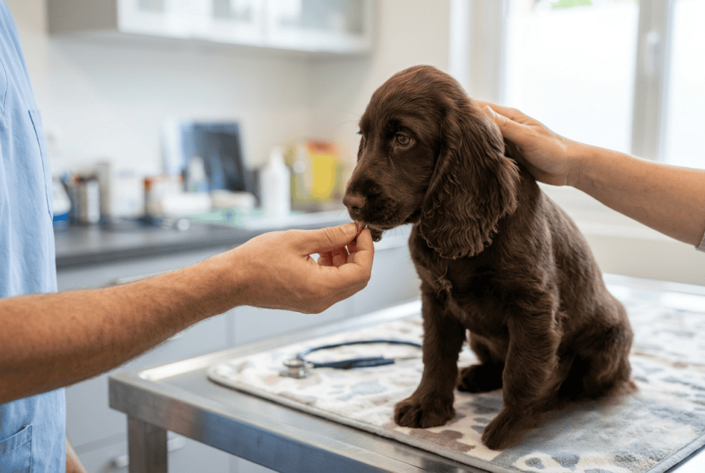 chiot Cocker calme recevant une friandise pendant une consultation vétérinaire