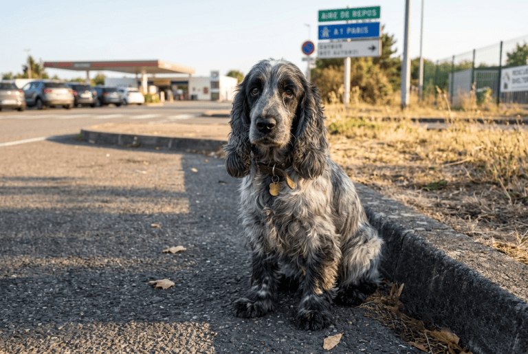 cocker abandonné sur une aire d'autoroute en été