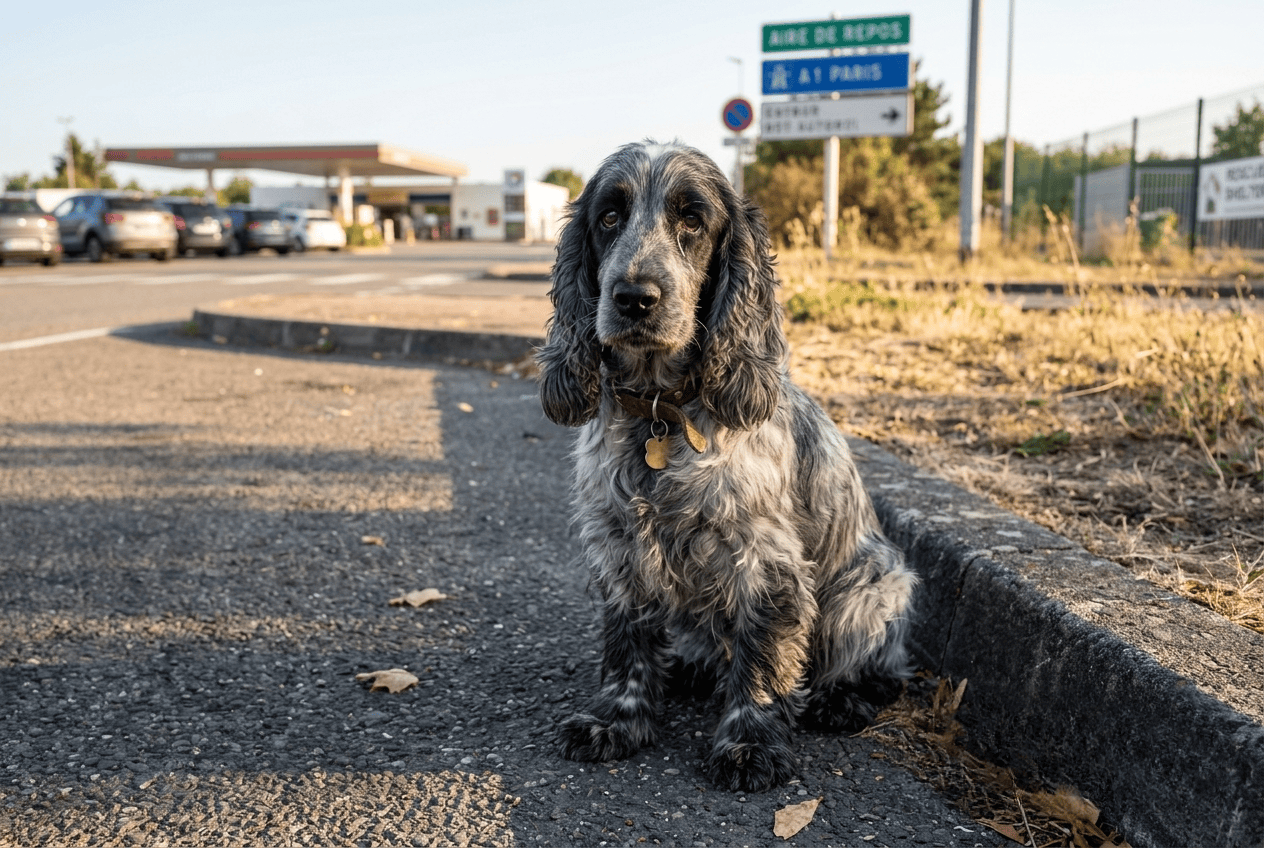 cocker abandonné sur une aire d'autoroute en été