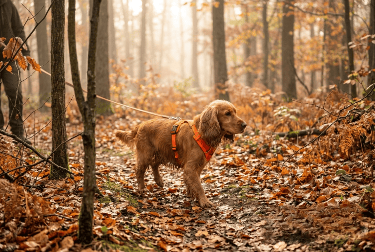 Cocker en laisse dans une forêt d'automne pendant la période de chasse