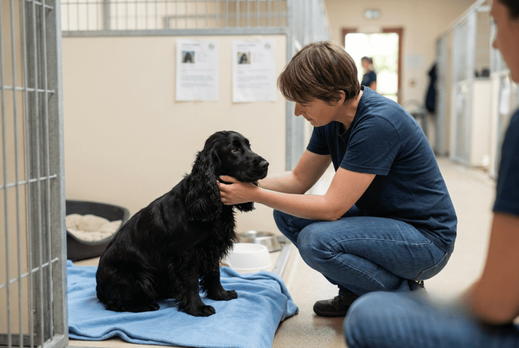 bénévole aidant un cocker abandonné en refuge cet été