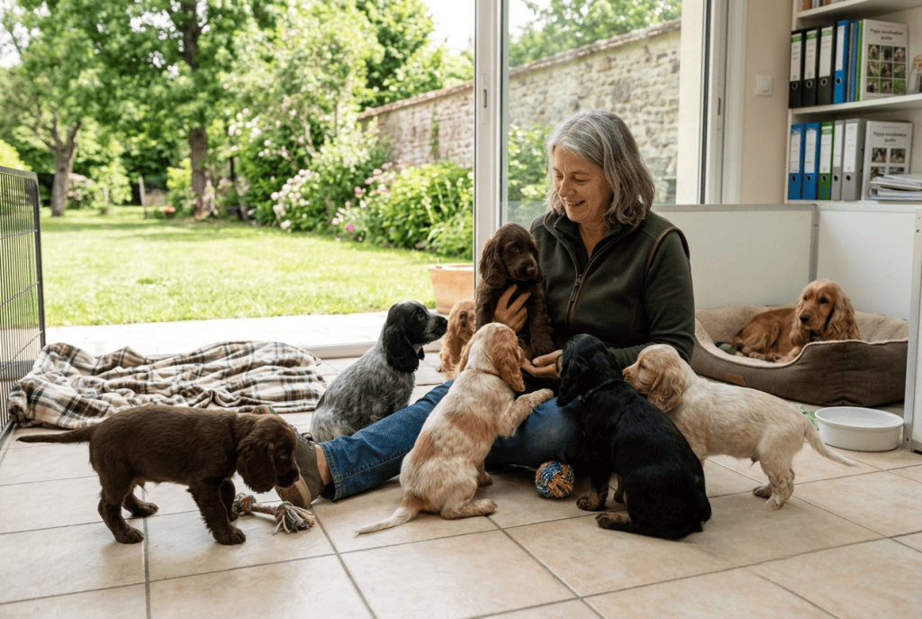 éleveur présentant une portée de chiots Cocker en bonne santé