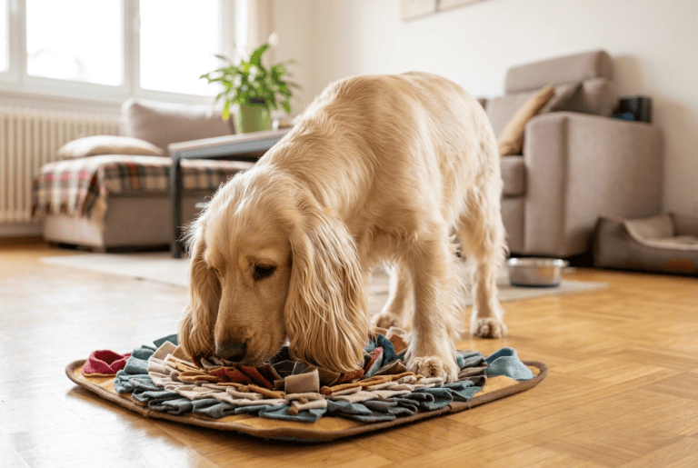 Cocker Spaniel pratiquant le nosework sur un tapis de fouille