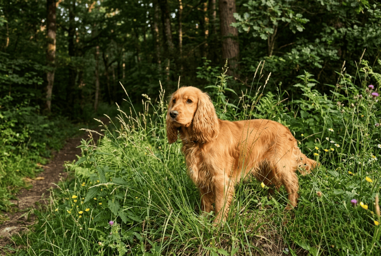 tiques cocker été – Cocker Spaniel dans les hautes herbes en forêt