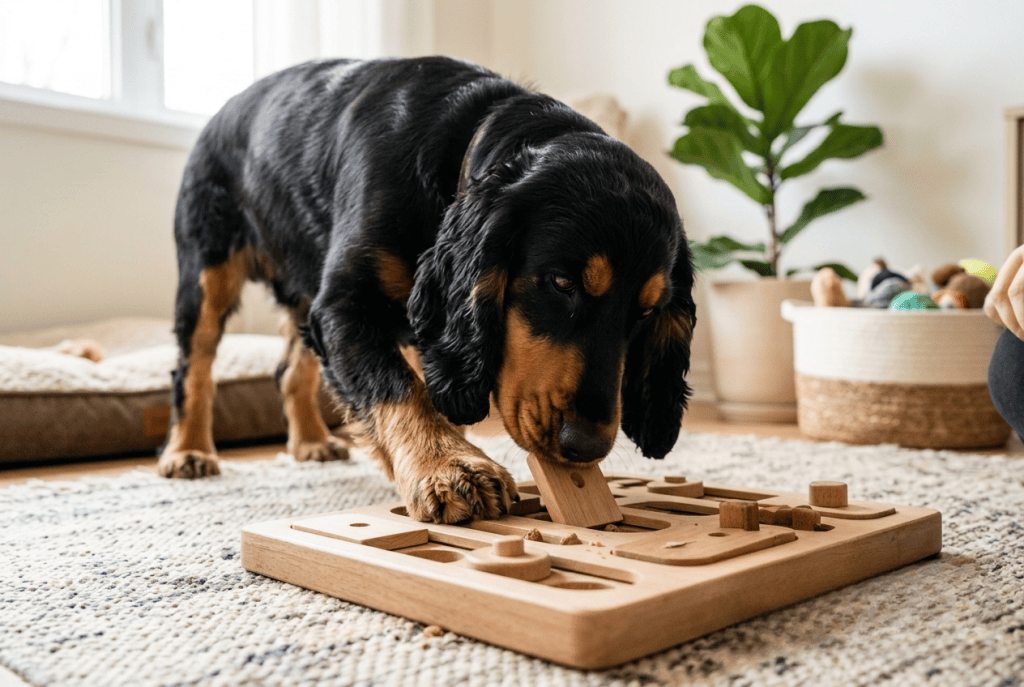 cocker jouant à un jeu d'activité mentale pour la journée mondiale du chien