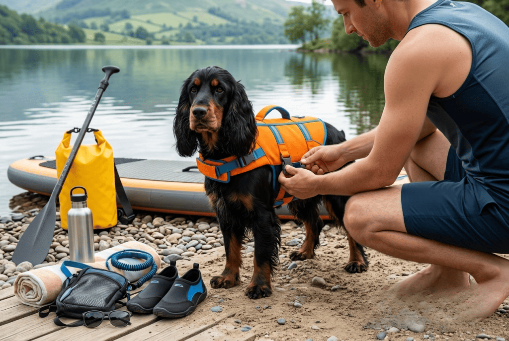 Cocker équipé d'un gilet de sauvetage avant une session de stand-up paddle