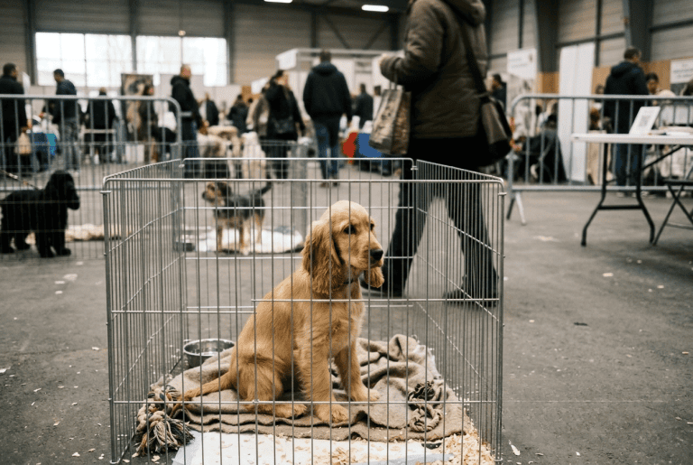 chiot Cocker exposé en cage lors d'une foire aux chiots