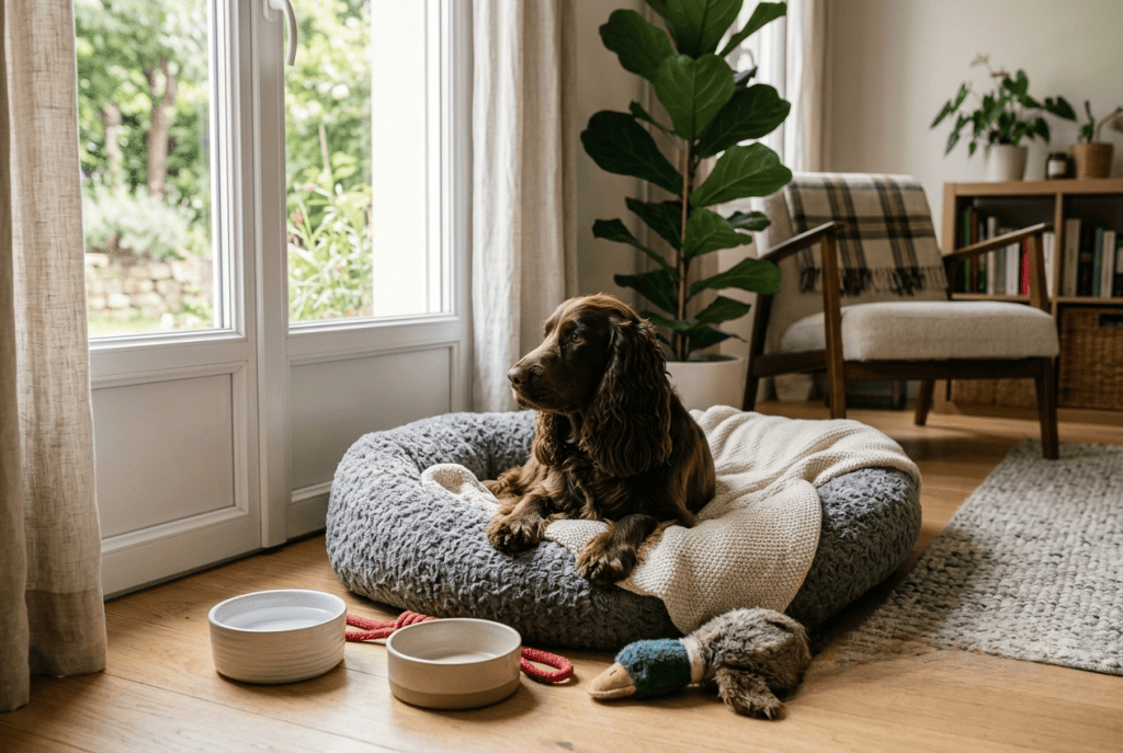 cocker adopté en refuge – installation dans son nouveau panier à la maison