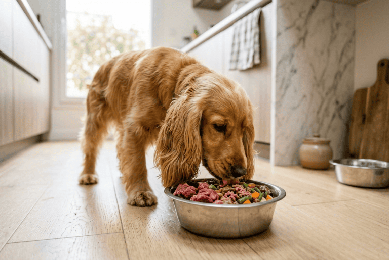alimentation BARF cocker mangeant une ration de viande crue