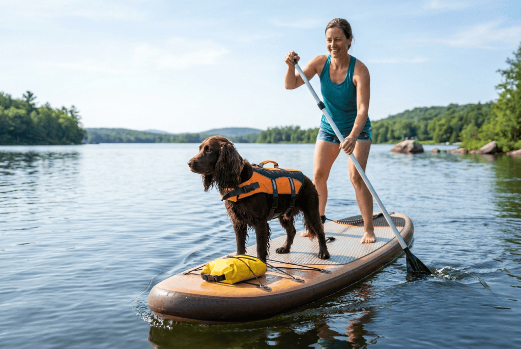 Cocker en équilibre sur une planche de stand-up paddle avec son maître