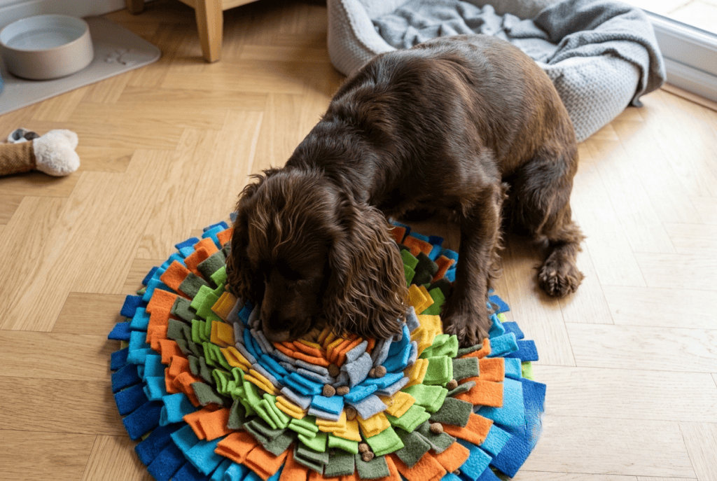 Cocker Spaniel utilisant un tapis de fouille pour une séance de nosework