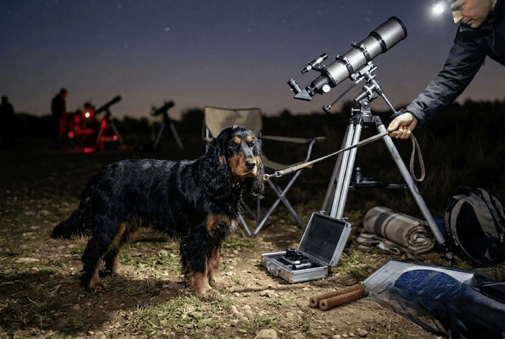 cocker en laisse près d'un télescope lors d'une soirée d'observation des étoiles