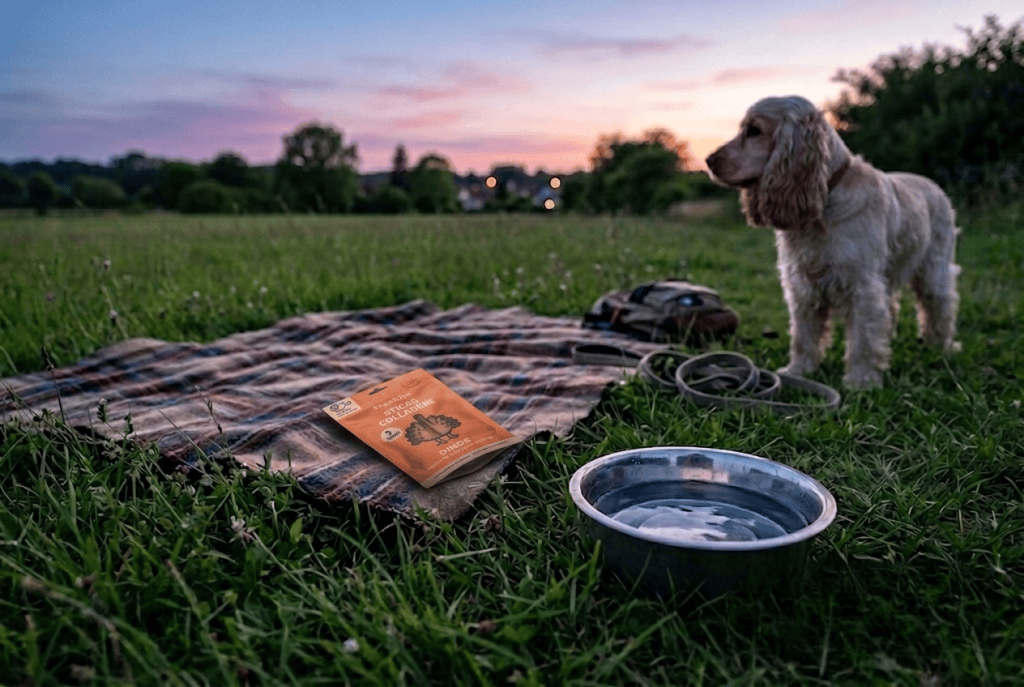 matériel pour sortie nocturne avec son cocker : couverture et gamelle d'eau