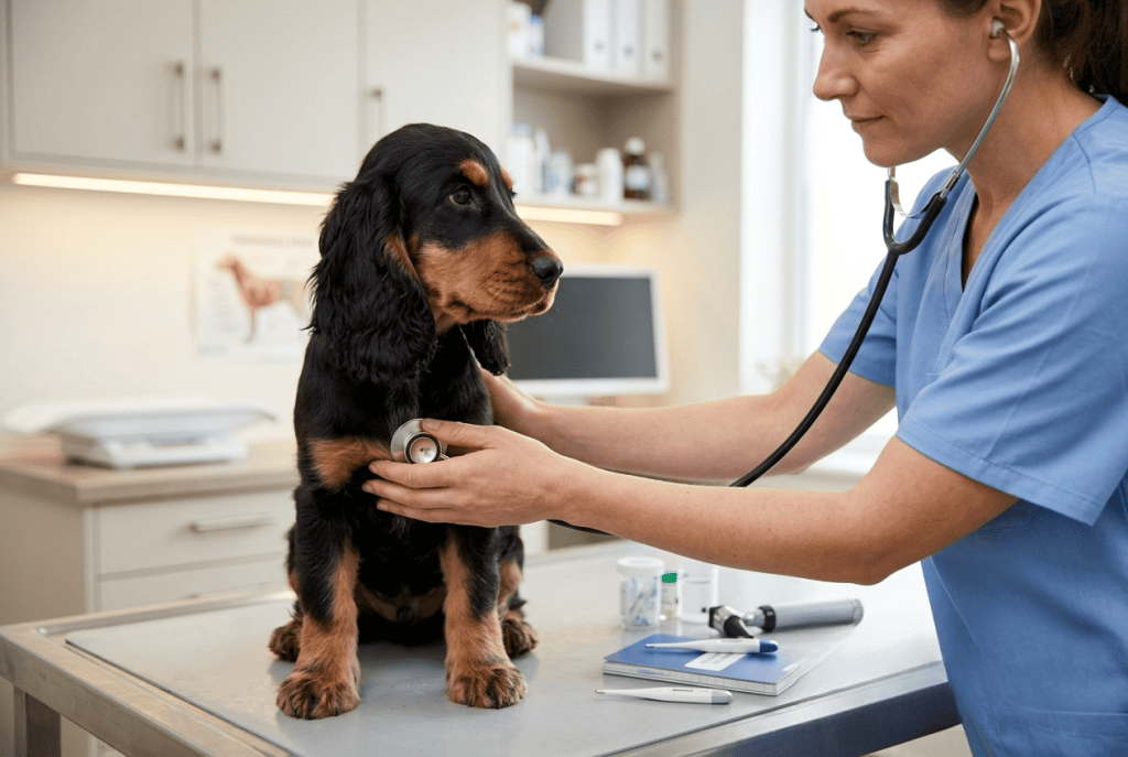 vétérinaire examinant un chiot Cocker après une foire aux chiots