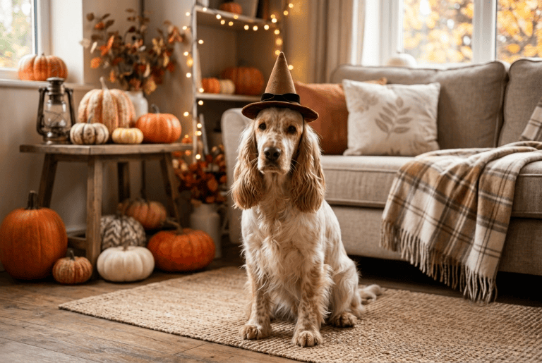 cocker déguisé pour halloween 2026 dans un salon décoré