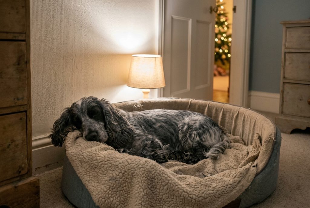 Cocker Spaniel au calme dans son coin refuge pendant les fêtes de Noël