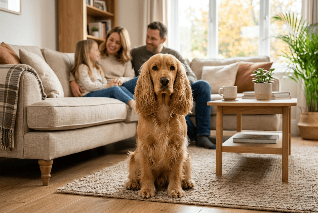 cocker anglais race préférée des Français 2026 : chien de famille dans un salon