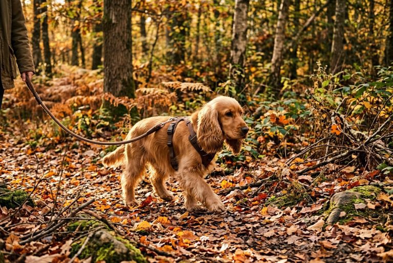 cocker en balade d'automne sur un chemin forestier couvert de feuilles