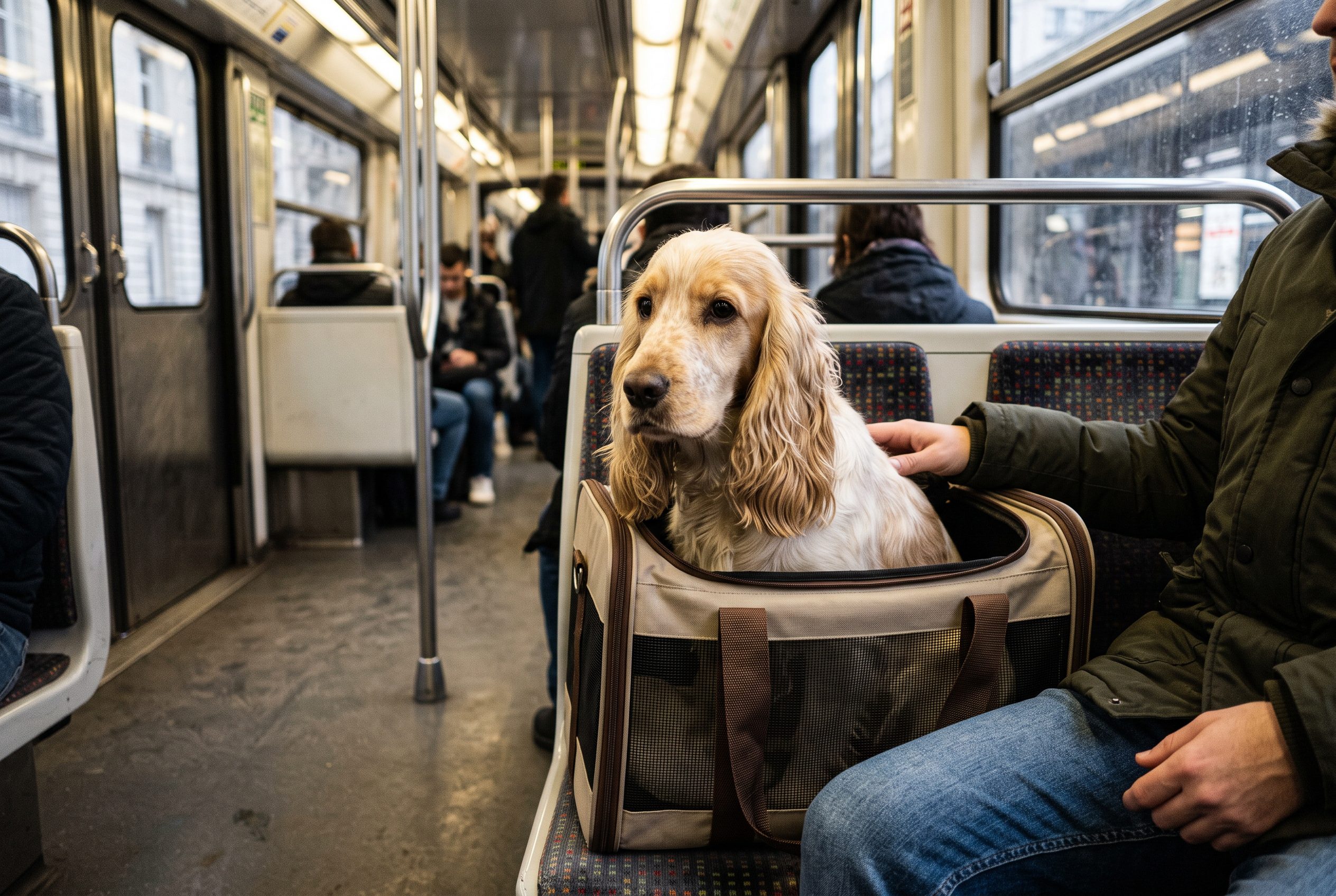 cocker transport commun métro bus chien dans sac de transport en rame de métro