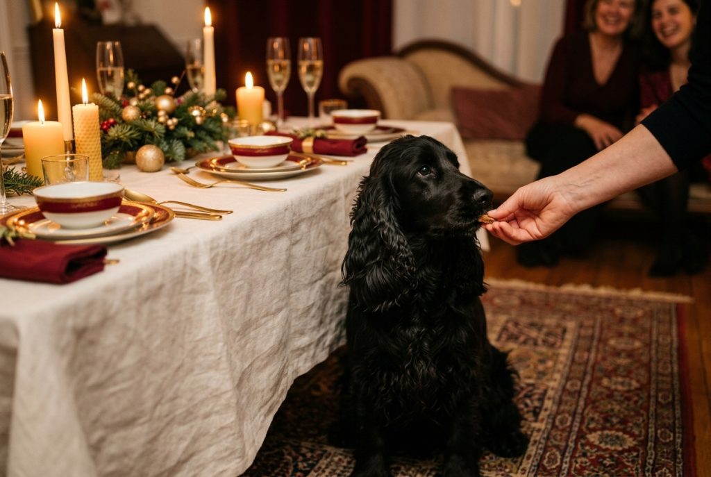 Cocker Spaniel près de la table de Noël recevant une friandise adaptée