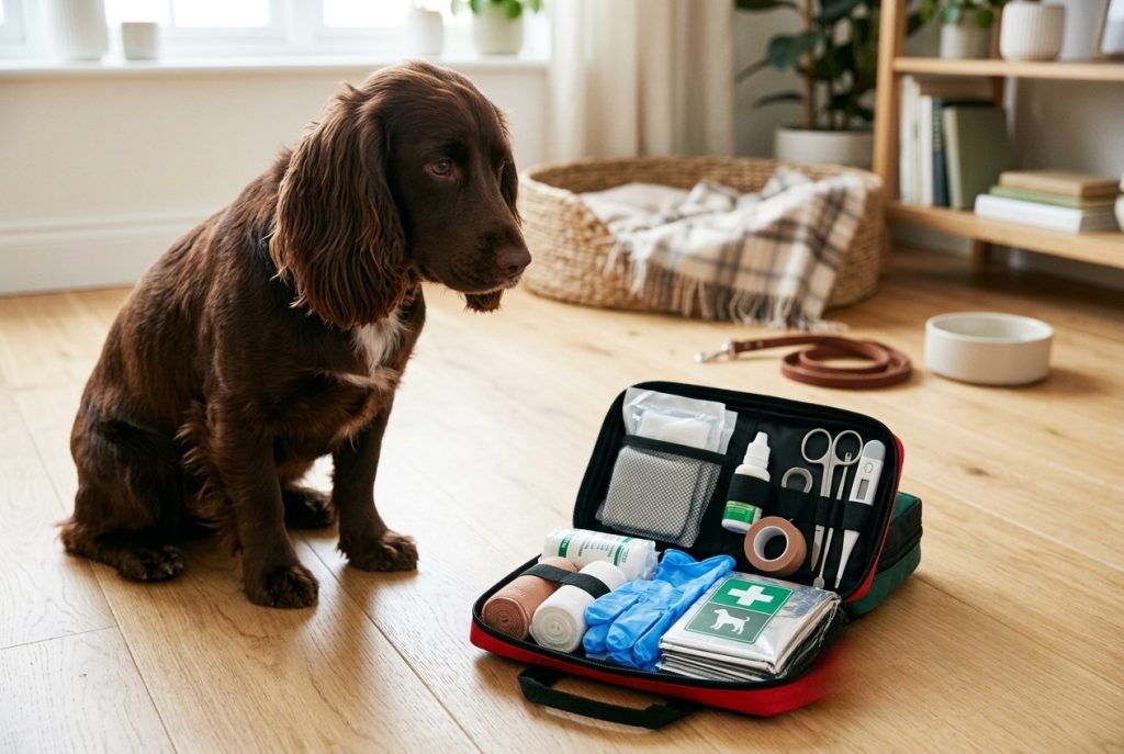Vétérinaire qui examine un Cocker Spaniel après ingestion d'un corps étranger