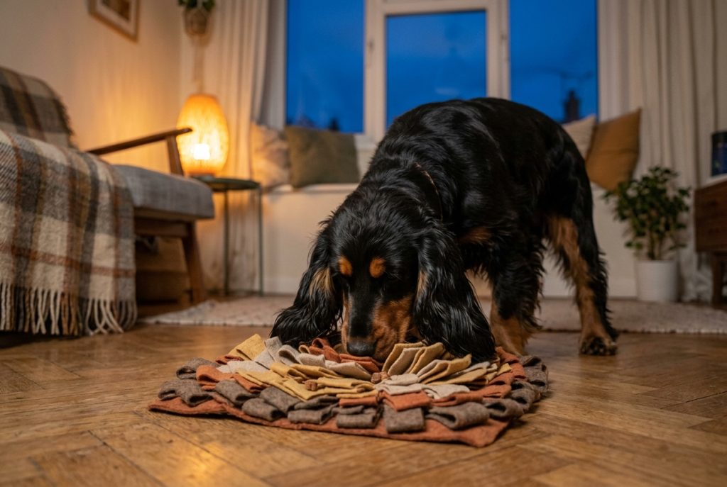 Cocker occupé avec un tapis de fouille le soir après le changement d'heure
