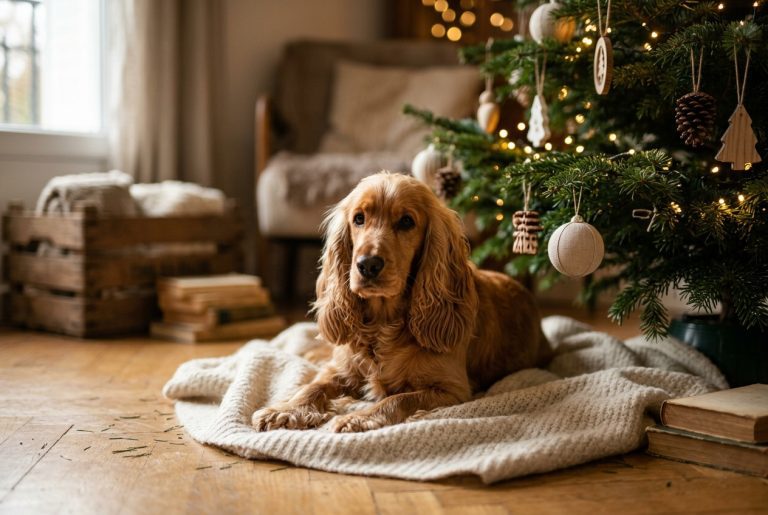 Noël avec son Cocker, Cocker Spaniel couché au pied du sapin en sécurité
