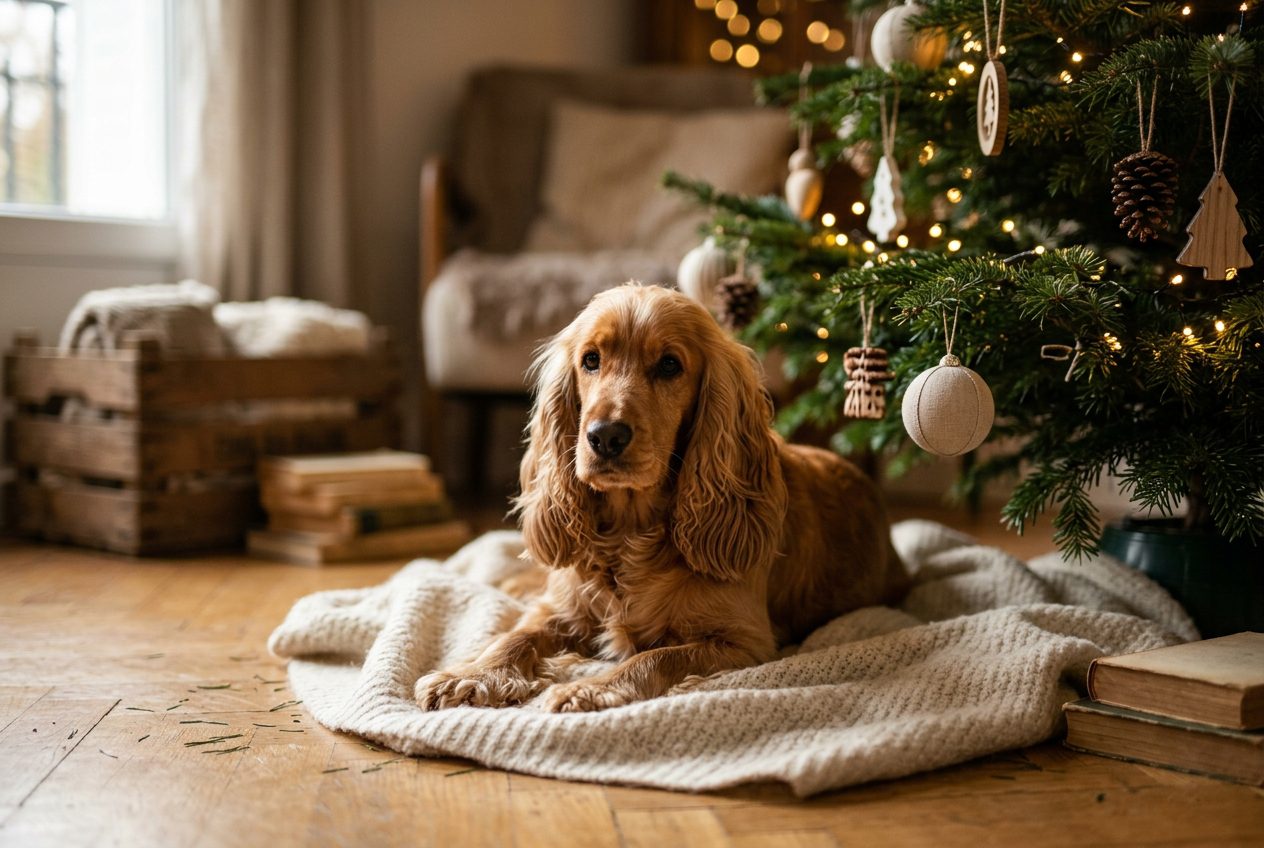 Noël avec son Cocker, Cocker Spaniel couché au pied du sapin en sécurité