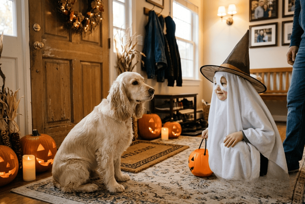 cocker face à un enfant déguisé pour halloween